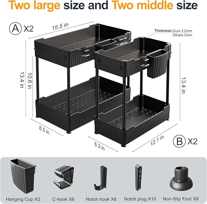 4 Pack Under Sink Organizer, Under Bathroom Cabinet Organizer with Hooks Hanging Cup, Multi-Purpose Storage Shelf for Kitchen Bathroom, Black
