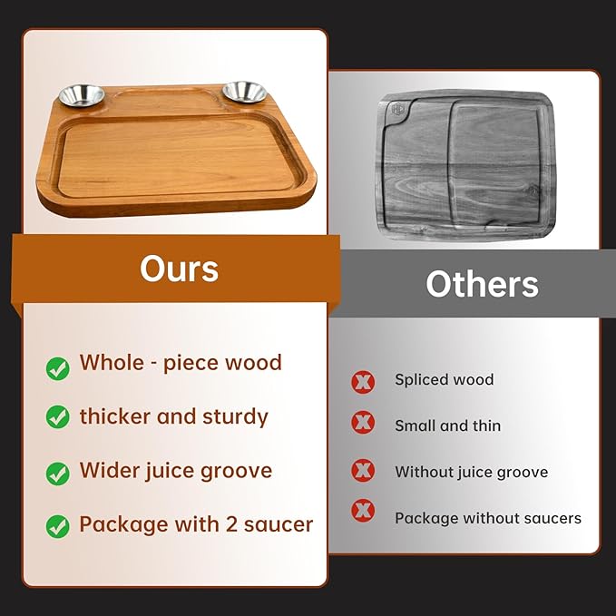 Wooden Steak Plates include 2 Sauce Cups, Wood Steak Board Set Serving Tray for Food Meat Cutting Board with Juice Groove, Charcuterie Board Platter for Home
