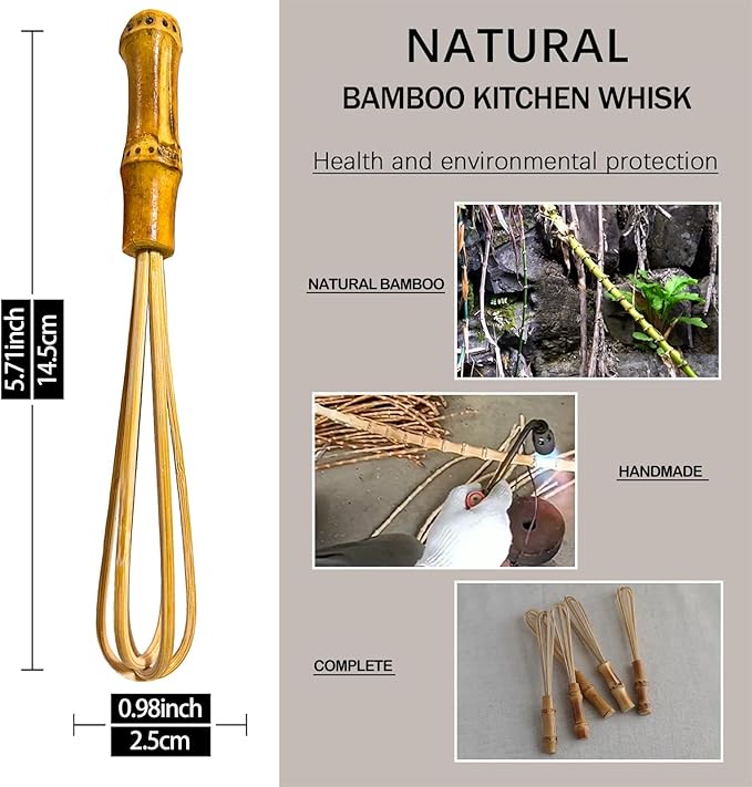Wooden Whisk, Handcrafted Bamboo Whisks for Cooking Non Scratch, Balloon Whisk for Pancake Batter, Eggs and Sauces, Wooden Whisks Tool For Nonstick Cookware Pans, Bamboo Cooking Utensils (Mini Whisk)