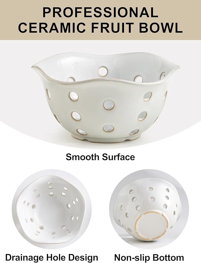 Gomakren Fruit Basket Set of 2, Ceramic Fruit Bowl Berry Basket with Holes, 7.6 Inch Fruit Containers Colander for Fridge - Farmhouse Kitchen Decor, White