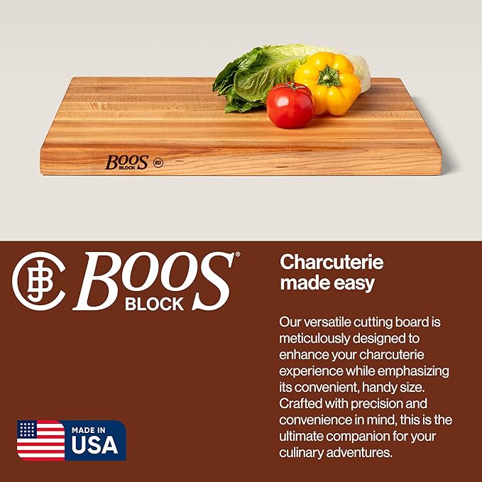 John Boos R-Board Series Rectangular Wooden Maple Cutting Board 20”x15” – 1.5” Thick, 12-lb Reversible Butcher Block with Edge-Grain & Finger Grips – Made in the USA