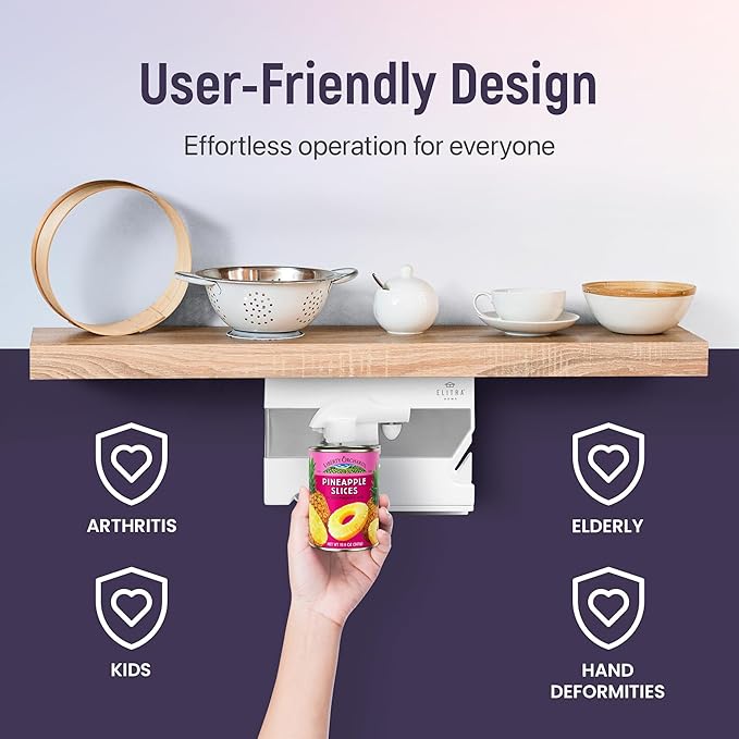 Electric Can Opener - 4 in 1 Under the Cabinet Mounted Can Opener, Blade Sharpener, Bottle Opener, Mounting Bracket for Seniors with Arthritis - Elitra Home (White)