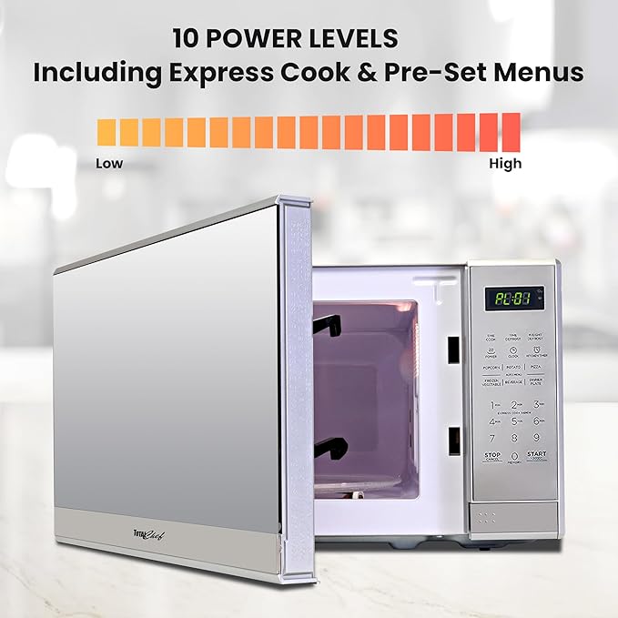 Total Chef 0.7 Cu Ft Microwave Oven – Compact Countertop Microwave, Small Stainless Steel Kitchen Appliance with Digital Touch, Pre-Set Functions, 10” Turntable, 700 Watt, Microondas Pequeños
