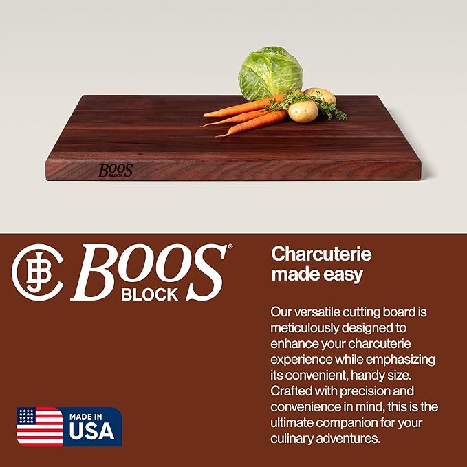 John Boos R-Board Series Rectangular Wooden Walnut Cutting Board 24”x18” – 1.5” Thick, 17-lb Reversible Butcher Block with Edge-Grain & Finger Grips – Made in the USA