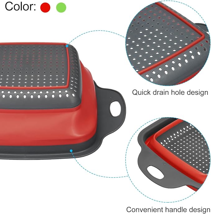 Collapsible Colander Set, 2pcs Silicone Square Foldable Strainer Space Saving Suitable for Pasta, Vegetables, Fruits - Red Green Small