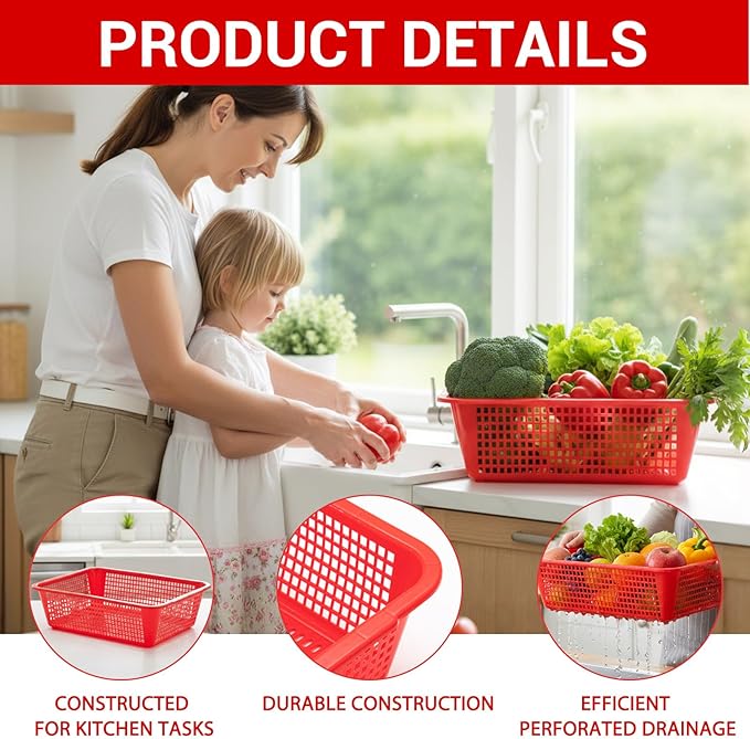 Maxdot 2 Pcs 18.7 x 14.4 x 5.5 Inches Large Plastic Colander for Kitchen Rectangle Perforated Strainer Basket Red Stackable Strainers for Wash Vegetables Fruits Drain Cooked Pasta Food