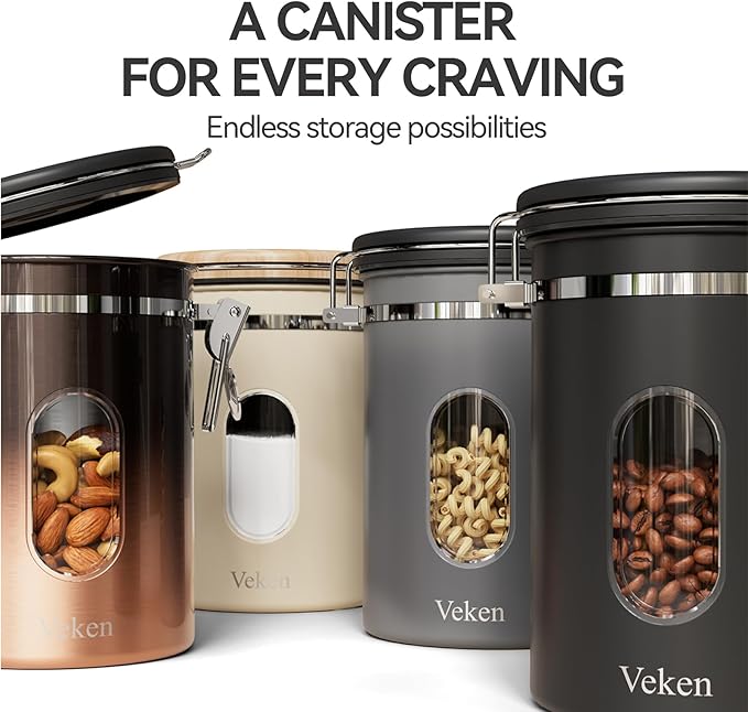 Veken Coffee Canister set with Window, Airtight Stainless Steel Kitchen Food Storage Container with Date Tracker and Scoop for Grounds Coffee, Beans, Tea, Flour, Cereal, Sugar, 22&16OZ,Black