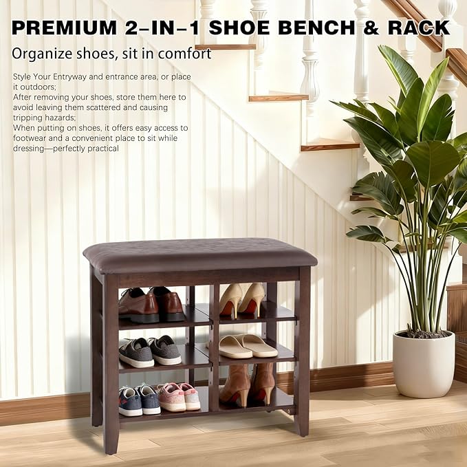 PY HOME & SPORTS Shoe Rack for Entryway 23.6": 3-Tier Shoe Storage Bench, Adjustable/Removable Shelves, Rubberwood Shoe Benches for Hallway, Porch, Bathroom, Brown