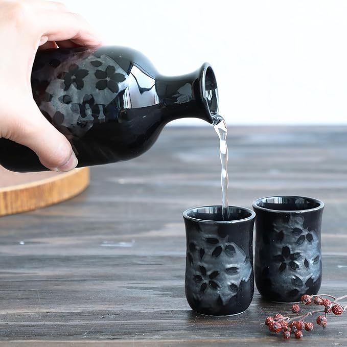Asayu Japan Japanese Sake Set, Sakura Cherry Blossom Design, 1 Tokkuri Bottle with 2 Ceramic Cups, Black, Made in Japan Pottery