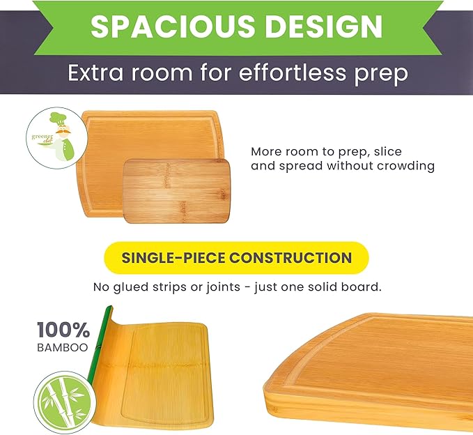 Glue-Free Surface™ 2XL Extra Large Bamboo Cutting Board Set of 4 – Small, Medium, XL, and Oversized Sizes from Chopping Vegetables to Carving Meat & Turkey for Large Family Meal Prep and Gatherings