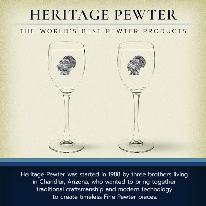Heritage Pewter Turkeys Glass Goblets – Set of 2 | 12 OZ Goblet Wine Glasses | Expertly Crafted Pewter Glass