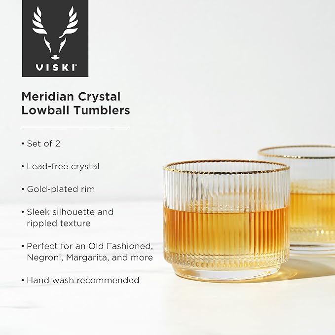 Viski Meridian Crystal Lowball Tumblers, Art Deco Whiskey Glasses, Crystal Scotch Glasses, Old Fashioned Glasses, Ribbed Glassware 12oz Set of 2