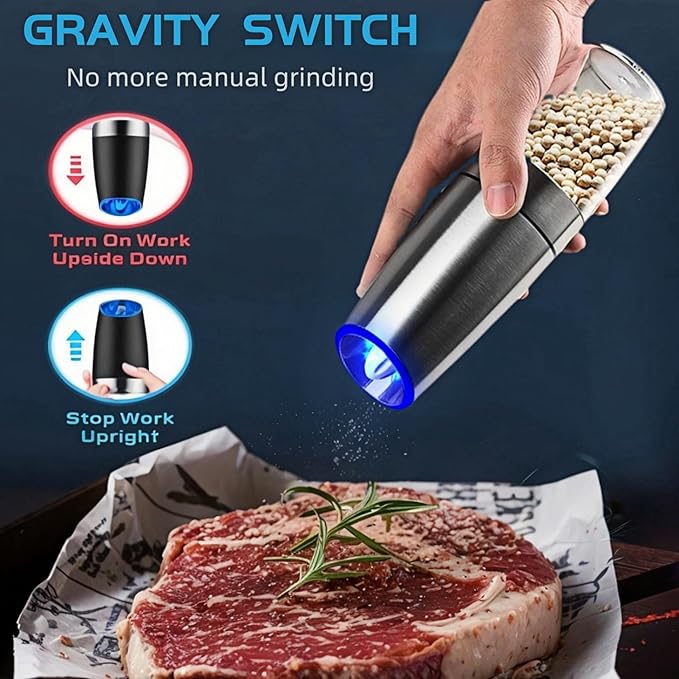 Gravity Electric Salt and Pepper Grinder Set, Adjustable Coarseness, Ceramic Grinding Core, Battery Operated, Perfect for Home Kitchen, BBQ, and Outdoor Picnics(Stainless Steel,2 Pack)
