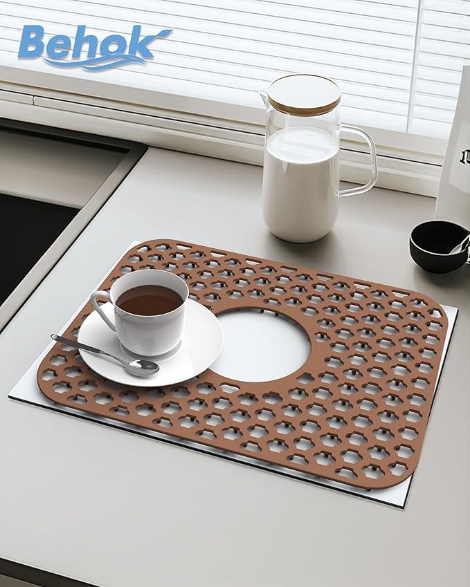 2 Pack Silicone Sink Protector for Kitchen Sink Bathroom, 13.58"x 11.6" Heat-resistant Sinks Mat, Non-Slip and Durable Sinks Protectors Silicone, Center Drain (Coffee)