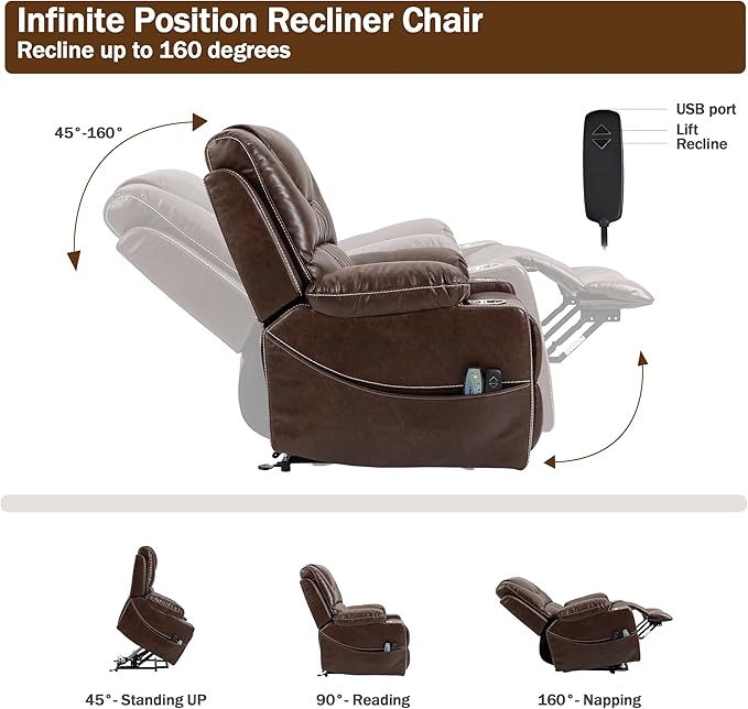 Power Lift Recliner Chair for Elderly with Massage and Heating, Ergonomic Electric Recliner Chair Single Sofa for Adults with Remote Control USB Port, Cup Holders, Side Pockets