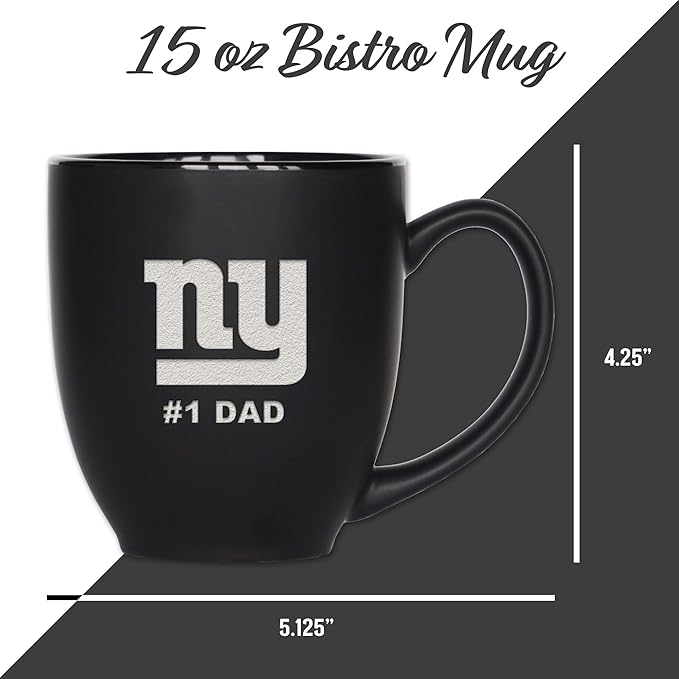 Rico Industries NFL Football #1 Dad 15oz Laser Engraved Matte Black Ceramic Bistro Mug - for Hot or Cold Drinks