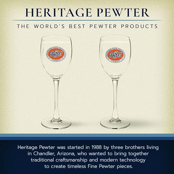 Heritage Pewter Oklahoma State Cowboys Glass Goblets – Set of 2 | 12 OZ Goblet Wine Glasses | Expertly Crafted Pewter Glass