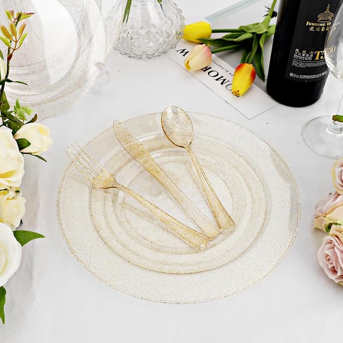 DaYammi 350 Pieces Gold Glitter Dinnerware Set 50 Guest for Party Christmas Plates Disposable - 50 Dinner Plates, 50 Dessert Platos -50 Per Rolled Napkins with Gold Cutlery -50 Disposable Cups 9 OZ