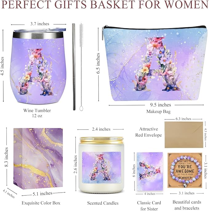 Personalized Gifts Monogrammed Birthday Gifts for Women, Bridesmaid Bachelorette Party Wedding Christmas Initial Wine Tumbler Makeup Bag Scented Candle Bracelet Set, (Aesthetic Purple Flower A)