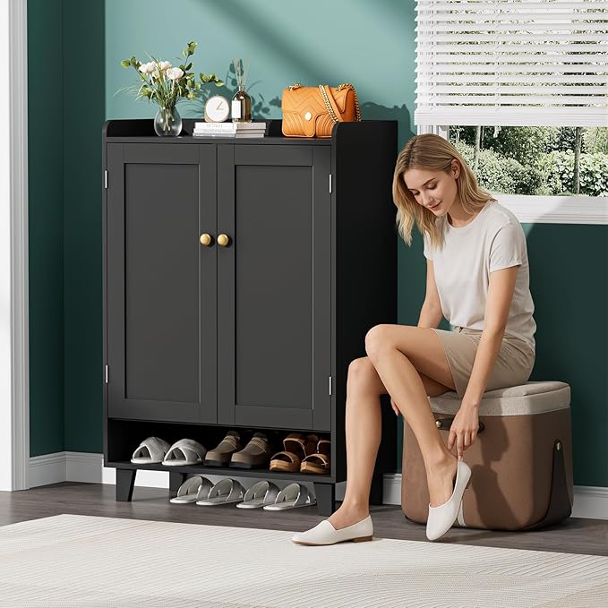 Flat-Shelf Shoe Cabinet with Doors，6-Tier Shoes Storage Cabinet with Adjustable Shelves，Wooden Shoe Rack Shoes Storage Organizer Cabinets for Entryway, Hallway, Living Room（Black）