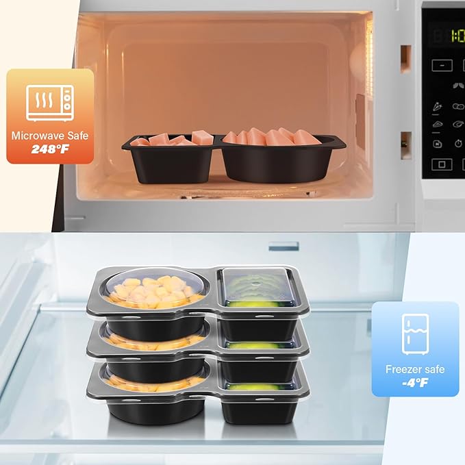 Double Compartment Snack Containers with Lids, 2 Compartment Condiment Container, Plastic Disposable Snack Pack Containers for Sauce, Salad, Food Storage Box(10PCS-Black)