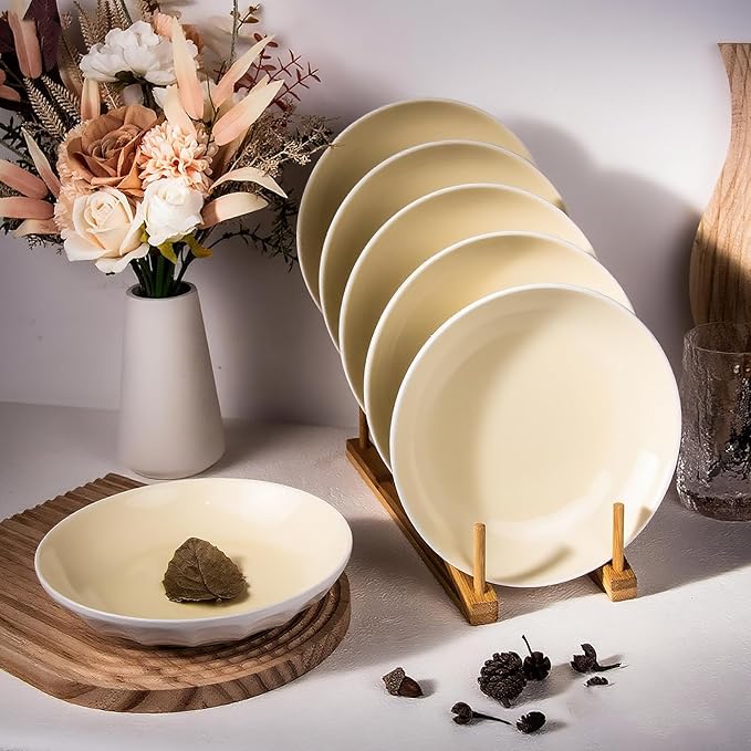 Set of 6 Dinner Plates 8 Inch, Yellow Porcelain Plates, Microwave Oven Dishwasher Safe Scratch Resistant (Yellow, 8 inch)