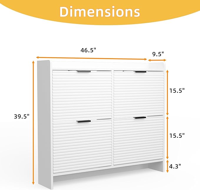 White Shoe Storage Cabinet for Entryway with 4 Flip Drawers, Narrow Wood Shoe Rack Cabinet,Hidden Slim Shoe Storage Freestanding Shoe Organizer Cabinet for Hallway