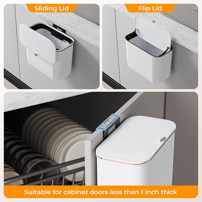 1.9 Gallon Hanging Trash Can - Small Under Sink Trash Can with Lid, Wall Mounted Compost Bin for Kitchen Cupboard Countertop, Odor-Control, Extended Clamping Ring, PET Material, White