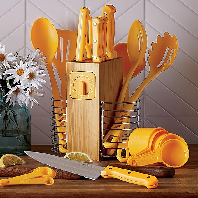 Montgomery Ward 25-Piece Cutlery and Utensil Set, Golden Honey - Apartment Essentials Kitchen Prep Kit with Full-Tang Knives (Golden Honey)
