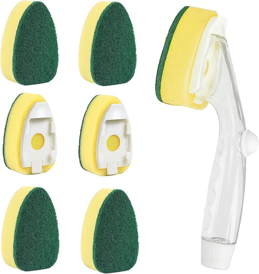 Dishwand Refills Sponges Heads with Soap Control Handle, 6 Non-Scratch Replacement Sponge Head for Dish Wand,Leak-Proof Handle,Universal Compatible Soap Dispensing Brush for Kitchen,Dishwasher