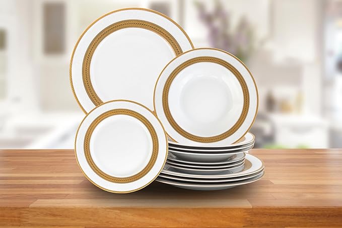 Porcelain Dinnerware Set for 4-12 Piece Luxurious Dish Set - White with Gold Rope Design - Kitchen Set for Everyday Dishes or Formal Occasions (Rope Gold)