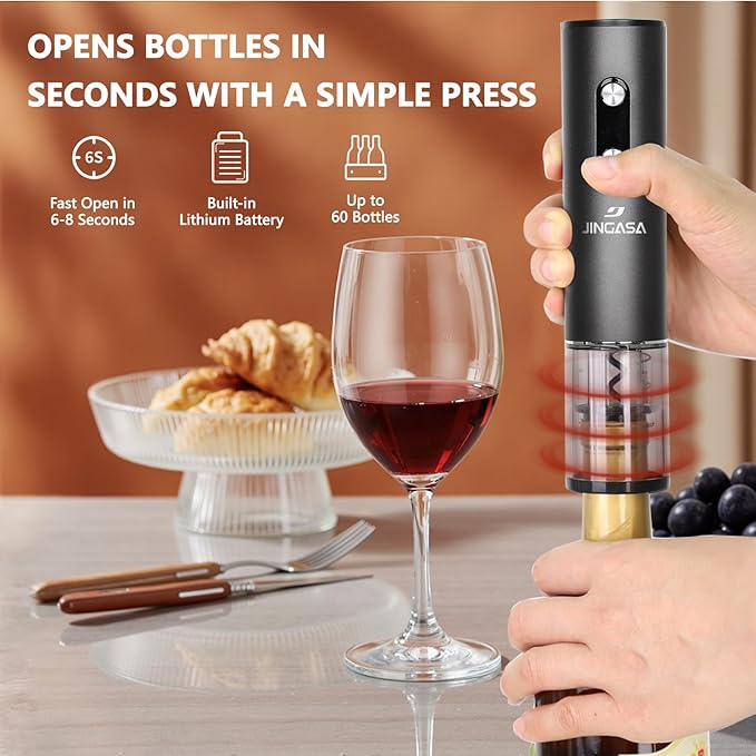 Electric Wine Opener Set With Base– Rechargeable Wine Bottle Opener Kit with Foil Cutter, 2 Vacuum Stoppers, and Wine Pourer – Best Wine Gift Set, Fancy Wine Opener for Wine Lovers and Parties