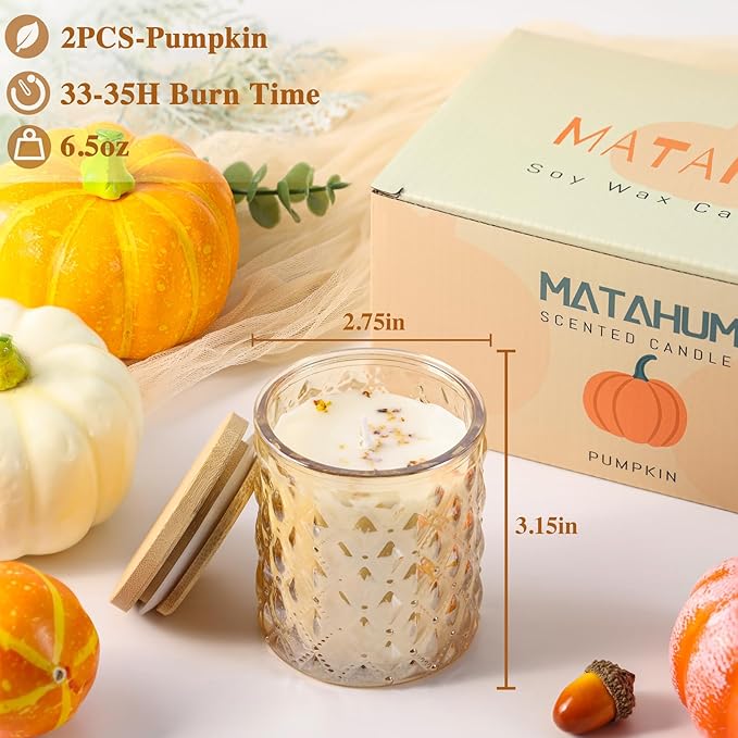 2 Pack Pumpkin Scented Candles for Home Decor, 6.5oz Natural Soy Wax Fall Candle Aromatherapy Jar Candles, Housewarming Gift for Women