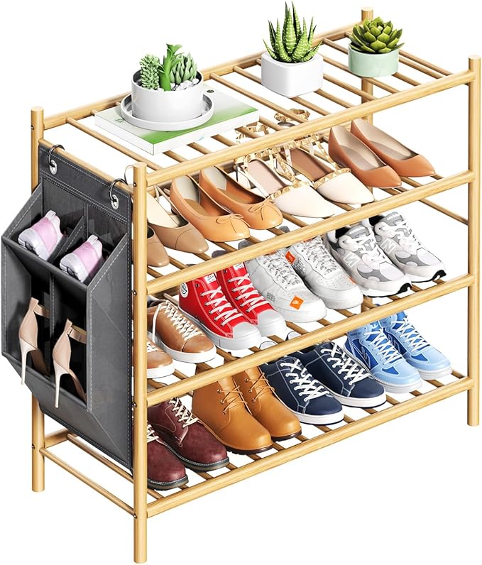 Bamboo Shoe Rack for Closet Small Wooden Shoe Organizer with Pouch, Sturdy Wood Shoe Shelf for Front Door Entrance Entryway and Outdoor, 26 inch Wide (Natural, 4-Tier)