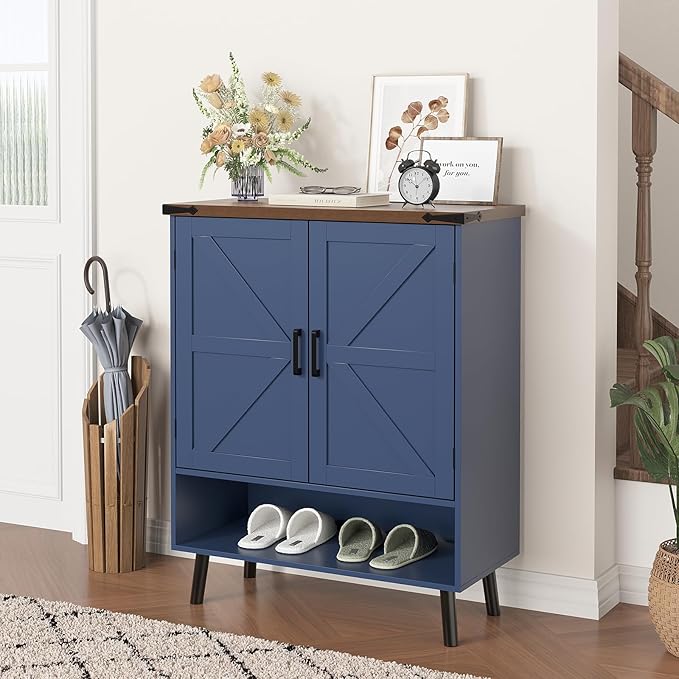 Vabches Farmhouse Shoe Storage Cabinet with Doors, 5 Tier Small Shoe Cabinet with Adjustable Shelves and Metal Legs, 34" Tall Shoe Rack Organizer for Entryway, Foyer, Navy Blue