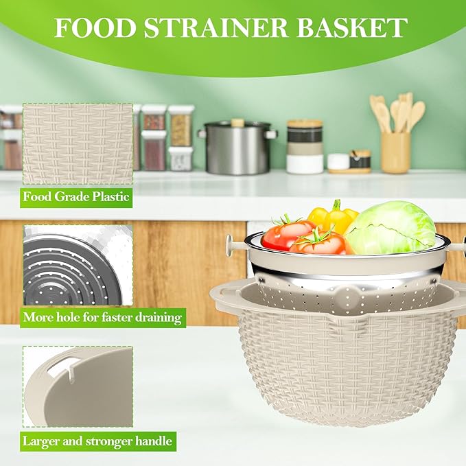 4-1 Colander with Bowl Set - Rotatable Strainers for Kitchen, Food Strainers and Colanders, Funny Presents for Women, Fruit Cleaner, Veggie Wash, Aesthetic Kitchen Gadget Essentials - Beige