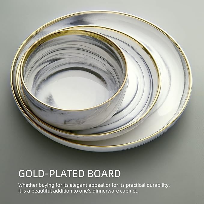 Marble Gold Rim Dinnerware Sets, Porcelain Plates and Bowls Sets, Modern Luxury Dish Set for 4, White Grey China Dinner Set for Special Occasions, Hand Wash Quickly