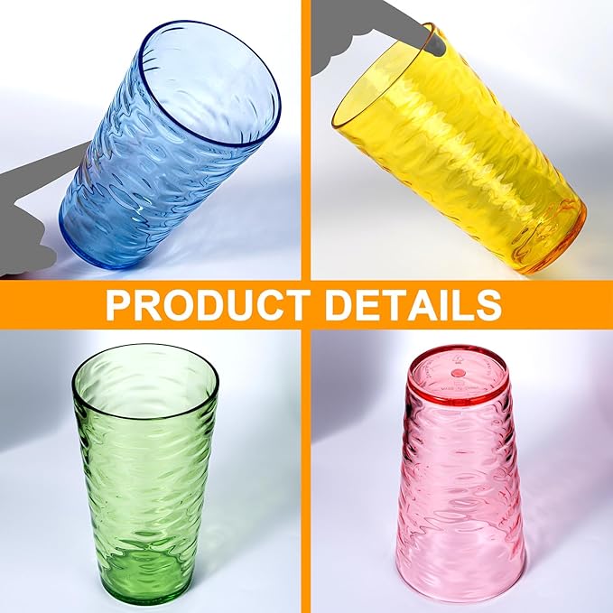 14-ounce and 20-ounce Plastic Tumblers, Acrylic Drinking Glasses, set of 8 Multicolor Reusable Plastic Cups, Stackable, BPA-Free, Shatter-Proof, Dishwasher-Safe