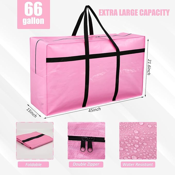4 Pcs 66 Gallon Large Moving Bags with Zipper and Handles Foldable Storage Duffle Bags Heavy Duty Extra Large Totes for College Dorm Travel Clothes Blankets Bedding Moving (Pink)