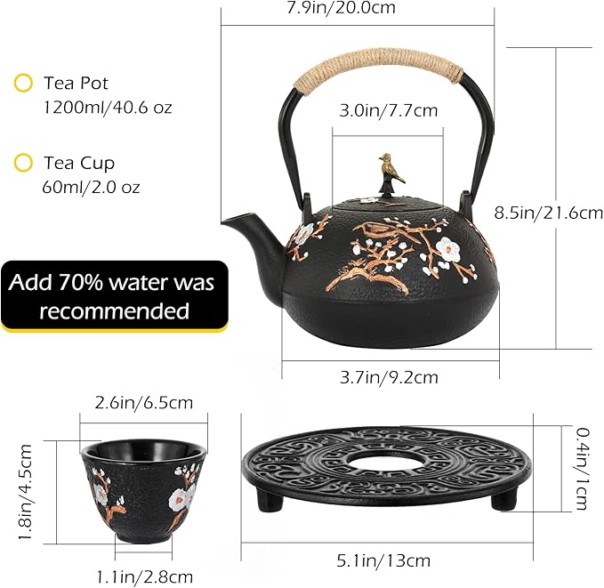 Dyna-Living Cast Iron Teapot 1200ml/40.6oz Japanese Tea Set with 4 Tea Cups Japanese Cast Iron Teapot with Infuser Japanese Tea Kettle Stovetop Gift for Tea Lover