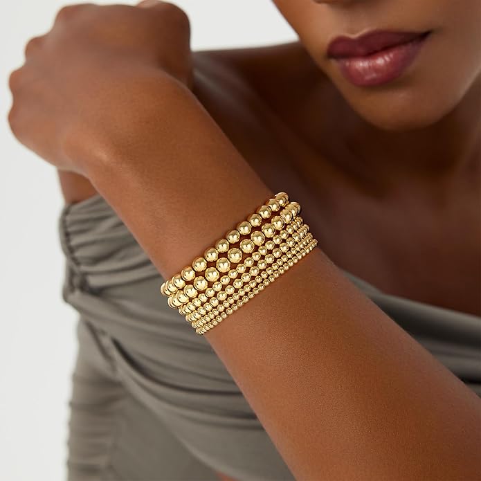 Gold Bracelets for Women, 14K Gold Plated Beaded Bracelets Gold Strand Bead Ball Bracelet Stack Set Adjustable Bracelet Set Waterproof Jewelry for Women Gifts Non Tarnish