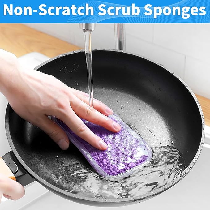 6 Pack Multi-Purpose Scrub Sponges for Kitchen 6 Colors, Non-Scratch Microfiber Sponge with Heavy Duty Scouring Power, Effortless Cleaning of Dishes, Pots and Pans