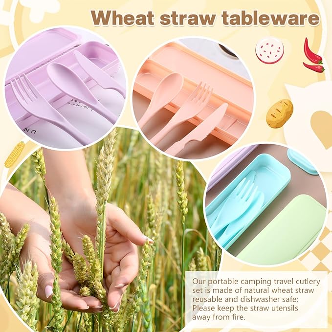 Jinei 50 Sets Reusable Travel Utensils Set with Case Wheat Straw Cutlery Portable Spoon Knife Forks Lunch Box Accessories Friendly Tableware for Kids Adults Camping Utensils(Macaron Color)