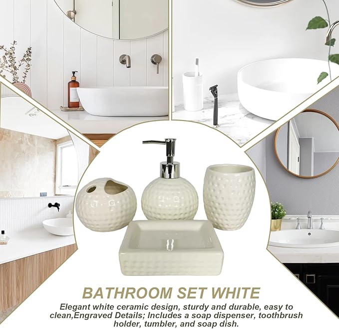 4Pcs White Bathroom Accessories Set Engraved Soap Dispenser with Toothbrush Holder & Tumbler & Soap Dish Ceramic Bathroom Accessories Set for Home Hotel