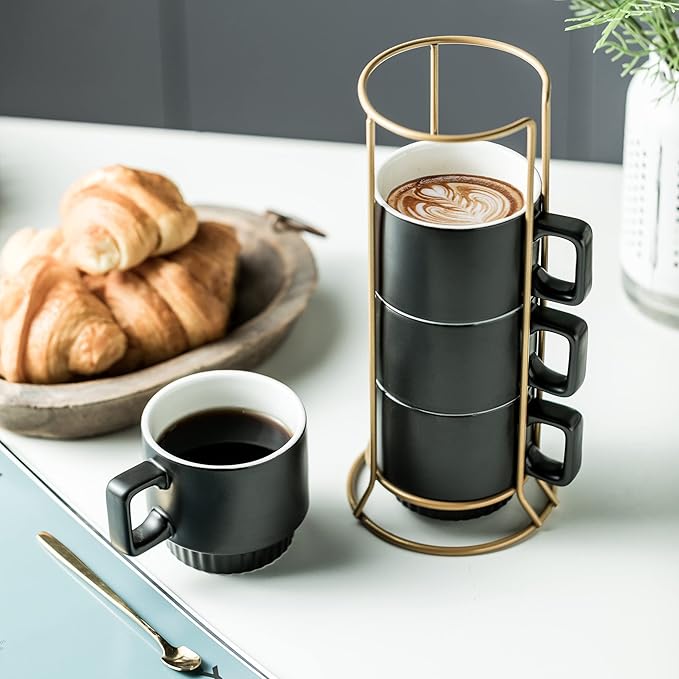 Stackable Coffee Mugs with Stand, 11oz Ceramic Latte Cup Set of 4 for Espresso Cappuccino Tea Hot Cocoa, Dishwasher & Microwave Safe, Black