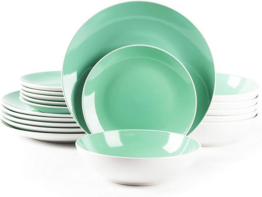 Stoneware Coupe Shape 18pc Dinnerware Set, Outside White + Inside Teal