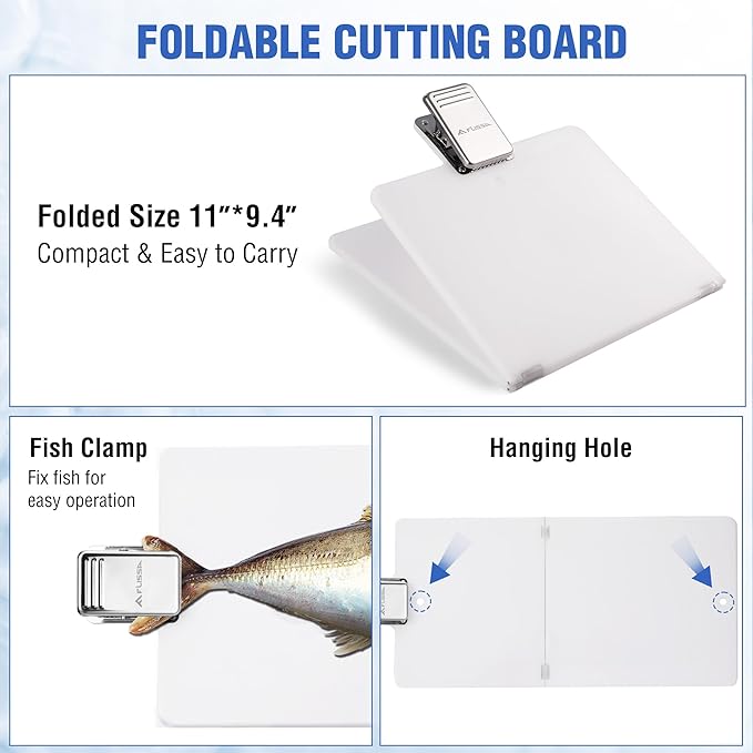 FLISSA 4-Piece Fish Fillet Set, Cleaning Kit - 7" Fillet Knife, Foldable Fish Board with Clamp, Knife Sharpener and Cut Resistant Gloves, Suitable for Easy Cleaning, Filleting and Cutting