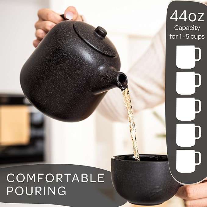 Steinzeit Design Tea Pot with Warmer (44 oz) - Premium Ceramic Teapot with Infuser for Loose Tea - Black Teapot Ceramic with Removable Steamer