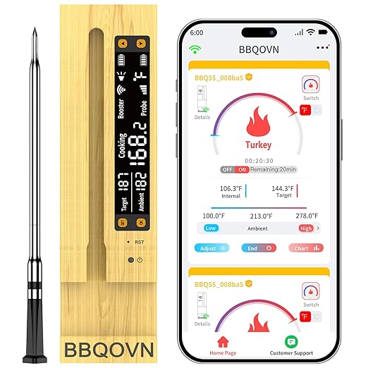 WiFi Sub-1G Wireless Meat Thermometer Unlimited Range with Digital Smart Base 7 NIST Certified Sensors with Ambient Temp Monitor for BBQ, Grill,Oven, Smoker(1, Black, Small)