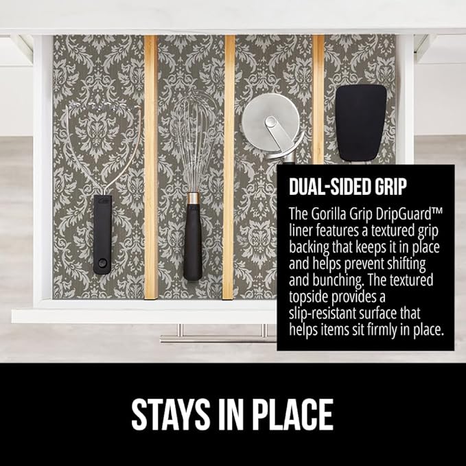 GORILLA GRIP DripGuard Shelf Liner, Non Adhesive Drawer and Kitchen Cabinet Protector, Slip Resistant BPA Free Smooth Surface Plastic Liners for Cabinets, Bathrooms, Closets, 12x240 Inch, Beige Cream